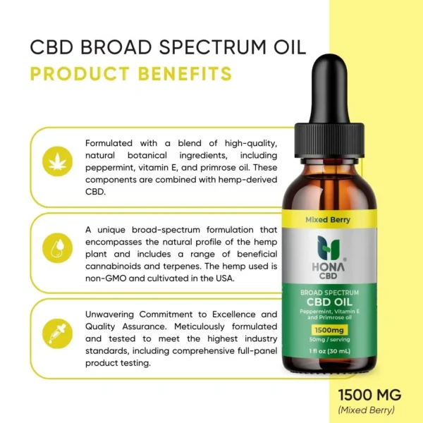 Hona Cbd 1500mg Broad Spectrum Oil Tincture Mixed Berry Product Benefits