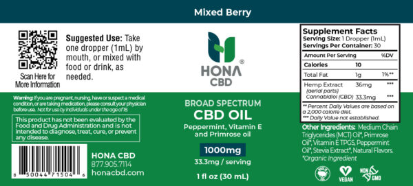 Honacbd Cbd Oil Label Mixed Berry 1000mg