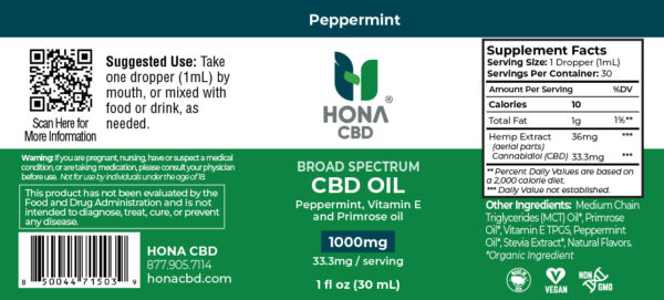 Honacbd Cbd Oil Label Peppermint 1000mg