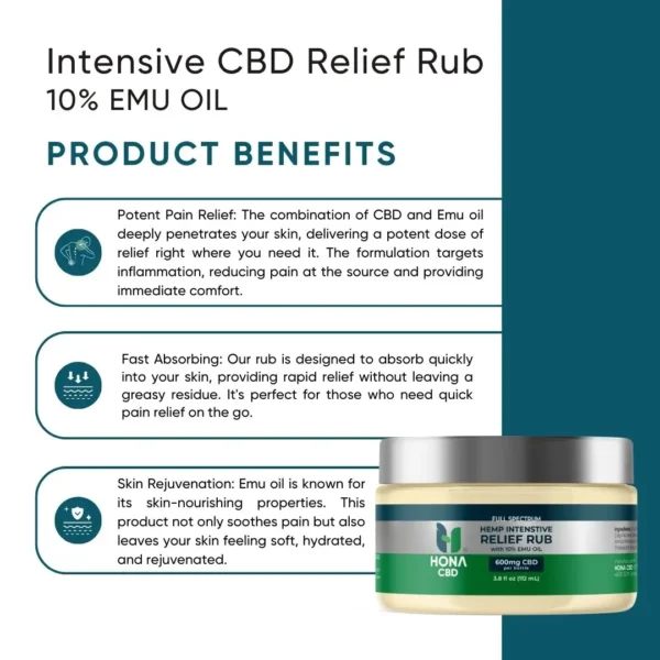 Hona Cbd Intensive Relief Rub With 10% Emu Oil 600mg Product Benefits