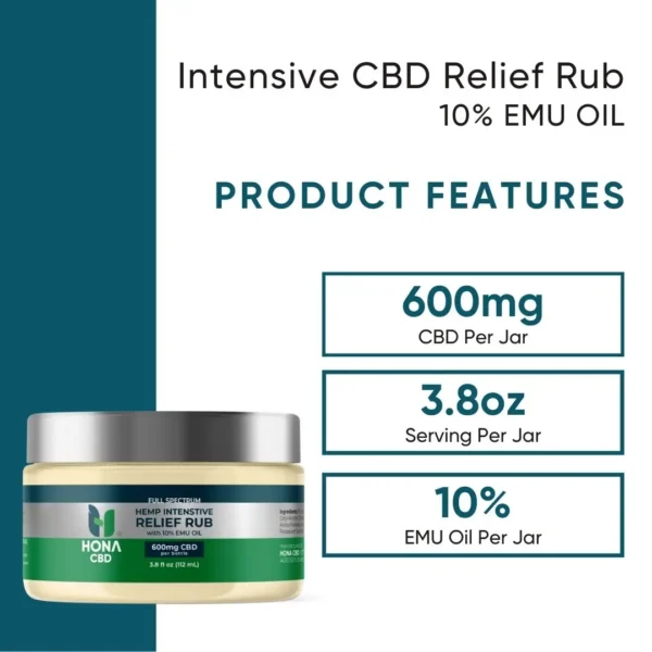 Hona Cbd Intensive Relief Rub With 10% Emu Oil 600mg Product Features
