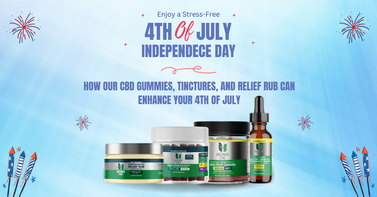 Enjoy a Stress-Free 4th of July Independence Day. How our CBD gummies, tinctures, and relief rub can enhance your 4th of July." The image features a festive background with fireworks and a selection of Hona CBD products, including Intensive CBD Relief Rub, Night Time Gummies, Broad Spectrum CBD Fruit Gummies, and CBD+CBG 1500mg Tincture.